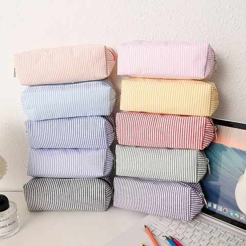 Stripe Pencil Case Large Capacity Canvas Stationery Organizer Bag For Students School Office Desk Storage