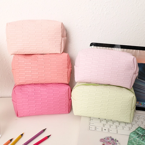 Gewebte Textur Make-up Tasche PU-Leder Große Kapazität Federmäppchen Ästhetische Tragbare Kulturbeutel Für Mädchen