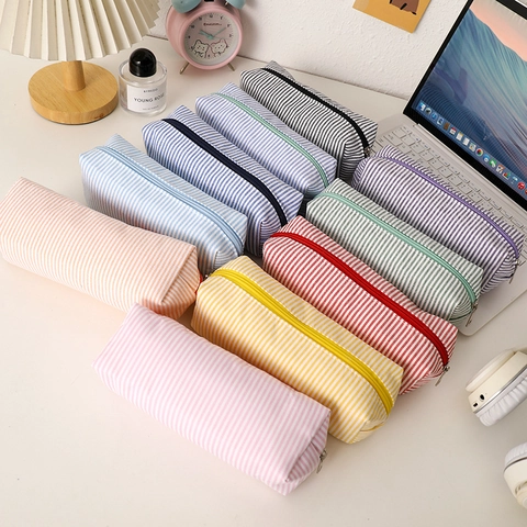 Stripe Pencil Case Large Capacity Canvas Stationery Organizer Bag For Students School Office Desk Storage
