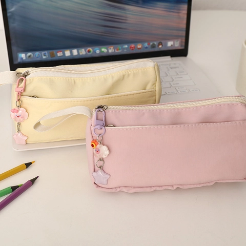 Large Capacity Cute Ins Style Pencil Case Polyester Double Layer Stationery Organizer Bag With Kawaii Charms For Students
