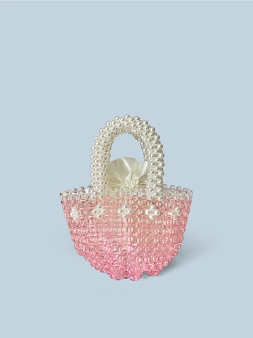 Pink Gradient Handmade Beaded Handbag For Women Acrylic Crystal Woven Bucket Bag With Faux Artificial Pearl Handle Satin Inner Bag