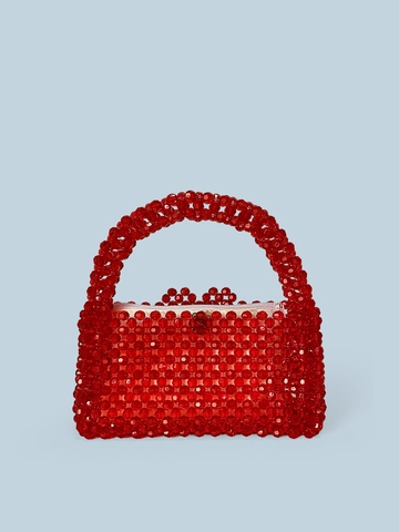 Elegante Acryl Perlen Handgeflochtene Handtasche Französischer Stil Roter Herzverschluss Quadratische Tasche Für Damen Alltag Party