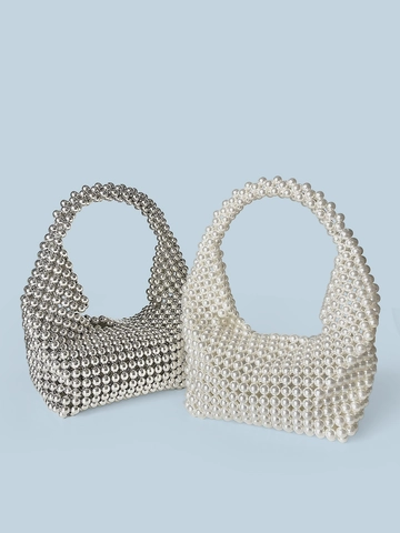 Handmade Beaded Handbag Faux Artificial Pearl Metallic Beads Evening Bag For Women Elegant Retro Wedding Party Hand Tote Bag