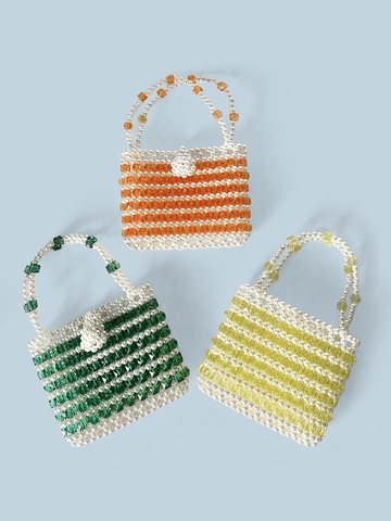Handmade Beaded Handbag For Women Vintage Artificial Pearl Acrylic Woven Mini Square Bag Colorful Dopamine Style Top Handle Tote Bag