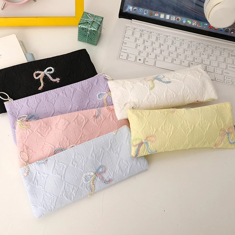 Cute Bowknot Jacquard Pencil Case Large Capacity Polyester Stationery Bag Embossed Diamond Pattern Zippered Pen Pouch For School Girls Women