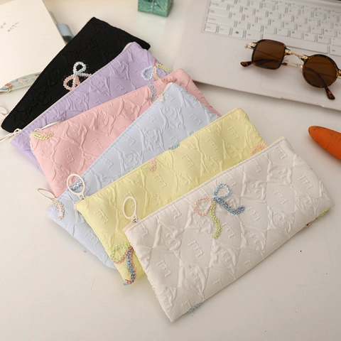 Cute Bowknot Jacquard Pencil Case Large Capacity Polyester Stationery Bag Embossed Diamond Pattern Zippered Pen Pouch For School Girls Women
