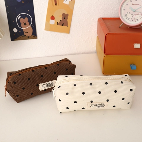 Large Capacity Corduroy Pencil Case Polka Dot Pattern Stationery Pouch Bag For School Students Cute Zipper Organizer