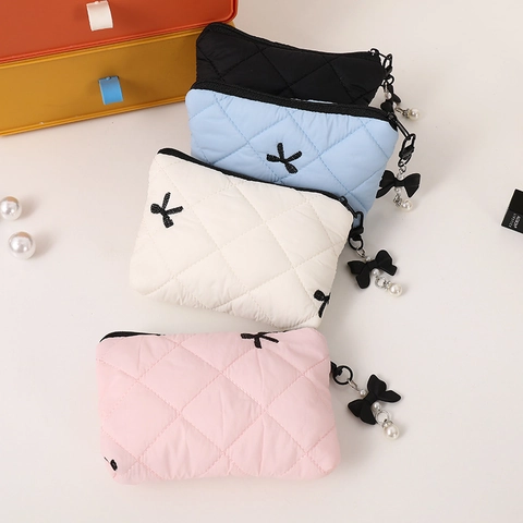 Cute Quilted Makeup Bag With Bow Embroidery And Pearl Pendant For Women Portable Lipstick Storage Bag Small Cosmetic Pouch