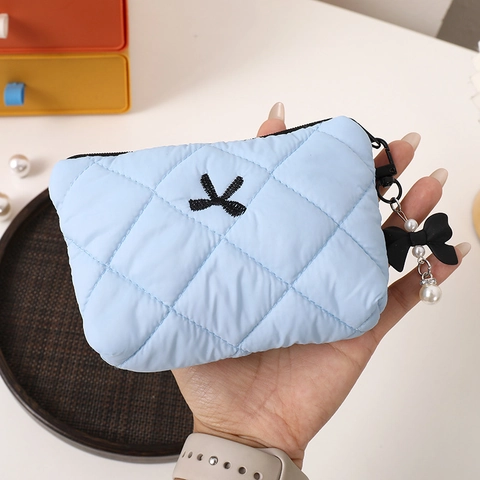 Cute Quilted Makeup Bag With Bow Embroidery And Pearl Pendant For Women Portable Lipstick Storage Bag Small Cosmetic Pouch