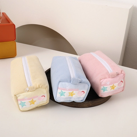 Astuccio In Tessuto Waffle Kawaii Ricamo A Stella Borsa Per Cancelleria Per Studenti Stile Ins Pochette Con Cerniera Ad Alta Capacità