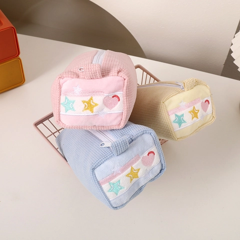 Astuccio In Tessuto Waffle Kawaii Ricamo A Stella Borsa Per Cancelleria Per Studenti Stile Ins Pochette Con Cerniera Ad Alta Capacità