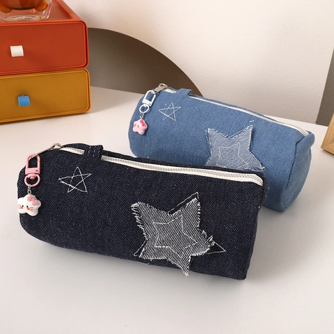 Large Capacity Denim Pencil Case With Star Pattern Star Charm Kawaii School Stationery Bag For Students Boys Girls