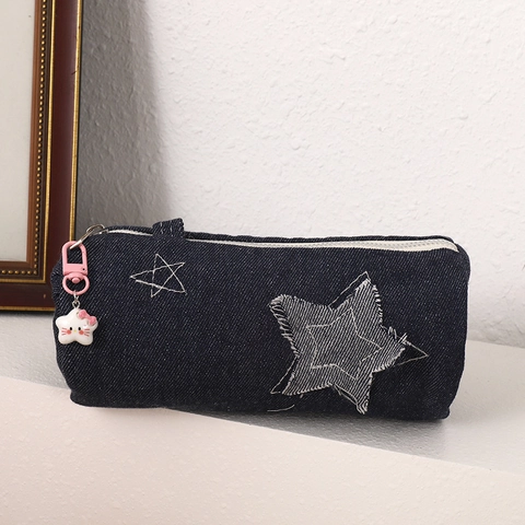 Large Capacity Denim Pencil Case With Star Pattern Star Charm Kawaii School Stationery Bag For Students Boys Girls