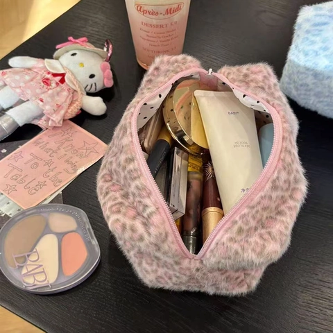 Neceser De Peluche Con Estampado De Leopardo Gran Capacidad Bolsa De Maquillaje De Piel Sintética Para Mujer Viaje Portátil