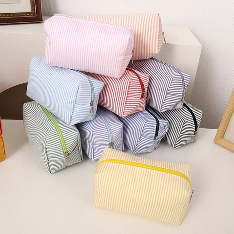 Striped Canvas Pencil Case Minimalist Portable Zipper Stationery Organizer Bag Travel Cosmetic Pouch For School Students