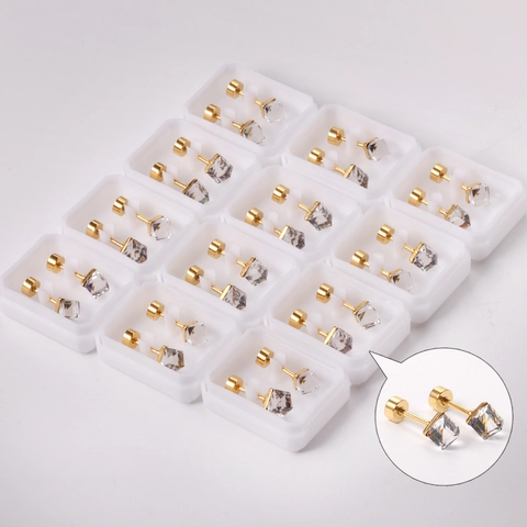 Square Cubic Zirconia Stud Earrings Stainless Steel Secure Back Hypoallergenic Geometric Colorful Crystal Jewelry Women