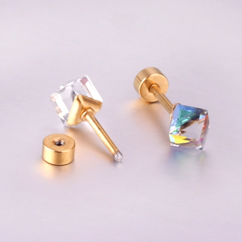 Square Cubic Zirconia Stud Earrings Stainless Steel Secure Back Hypoallergenic Geometric Colorful Crystal Jewelry Women