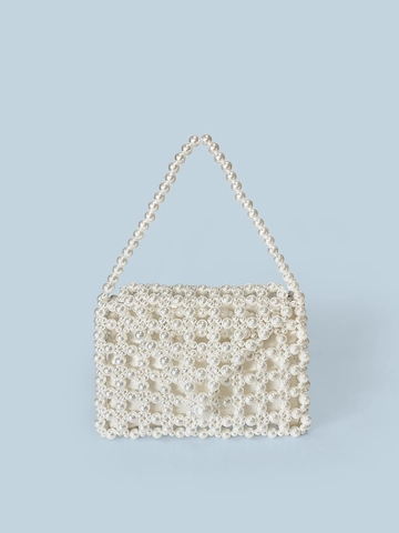 Women Elegant Hand Woven Faux Pearl Beaded Handbag French Simple Mini Square Bag For Wedding Party Evening Daily Use