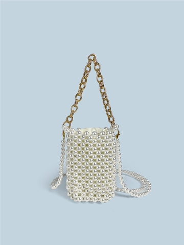 Handmade Beaded Faux Artificial Pearl Handbag For Women Elegant Crossbody Phone Bag With Gold Metal Chain Strap Vintage Mini Square Bag