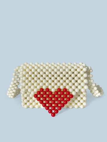 Handmade Woven Beaded Crossbody Bag Red Heart Pattern Acrylic Beads Sweet Casual Handbag For Women Cream White
