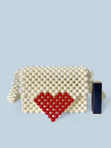 Handmade Woven Beaded Crossbody Bag Red Heart Pattern Acrylic Beads Sweet Casual Handbag For Women Cream White