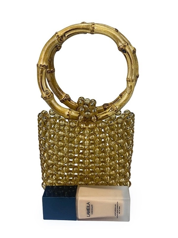 Vintage Handgefertigte Künstliche Perlen Handtasche Für Damen Acryl Künstliche Perle Bernstein Silber Tasche Mit Natur Bambus Griff Party Mini Tote