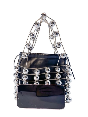 French Retro Metal Cutout Handbag For Women Niche Design Beaded Cage Evening Party Bag With Drawstring Inner Pouch