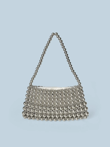Handmade Silver Beaded Handbag For Women Vintage Metallic Acrylic Woven Shoulder Bag Evening Party Wedding Small Zipper Purse