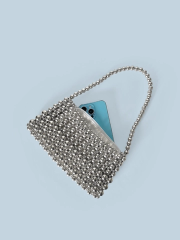 Handmade Silver Beaded Handbag For Women Vintage Metallic Acrylic Woven Shoulder Bag Evening Party Wedding Small Zipper Purse