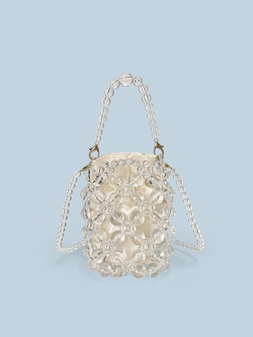 Handgefertigte Transparente Acryl Perlen Beuteltasche Mit Satin Kordelzug Innentasche Mini Gewebte Blume Abendtasche Für Damen
