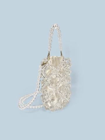 Handgefertigte Transparente Acryl Perlen Beuteltasche Mit Satin Kordelzug Innentasche Mini Gewebte Blume Abendtasche Für Damen