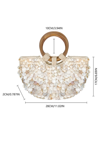 Borsa Boho con Paillettes a Conchiglia Manico ad Anello in Legno Vintage Mezzaluna Crema Beige Intrecciata Estate Vacanza Sera