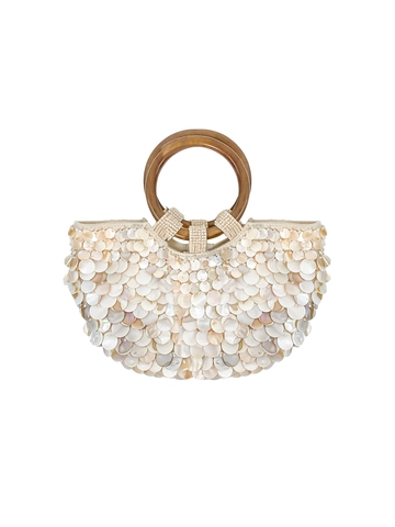 Borsa Boho con Paillettes a Conchiglia Manico ad Anello in Legno Vintage Mezzaluna Crema Beige Intrecciata Estate Vacanza Sera