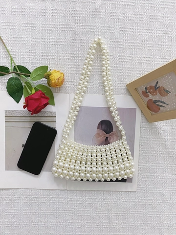 Handmade Faux Artificial Pearl Beaded Woven Shoulder Bag Women Vintage Acrylic Small Square Evening Bag White Party Underarm Handbag