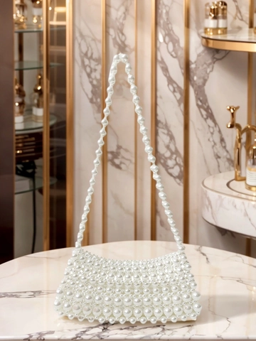 Handmade Faux Artificial Pearl Beaded Woven Shoulder Bag Women Vintage Acrylic Small Square Evening Bag White Party Underarm Handbag