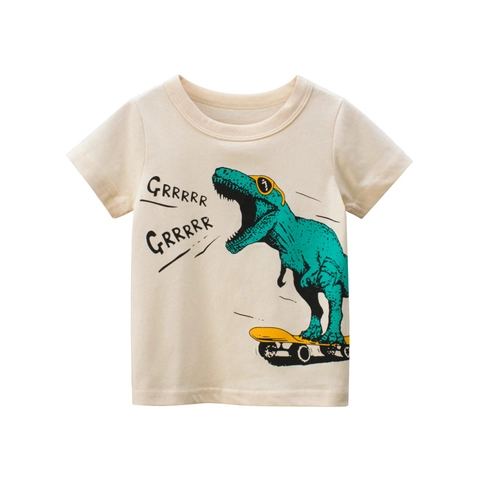 Kids Cotton Casual T-Shirt Cartoon Dinosaur Skateboard Print Short Sleeve Crew Neck Top For Boys Girls Summer