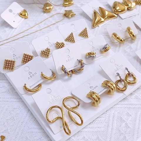 Modern Minimalist Stainless Steel Geometric Earrings For Women Gold Silver Plated Chunky Hoop Stud Earrings Heart Triangle Wave Jewelry