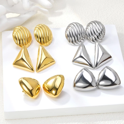 Modern Minimalist Stainless Steel Geometric Earrings For Women Gold Silver Plated Chunky Hoop Stud Earrings Heart Triangle Wave Jewelry