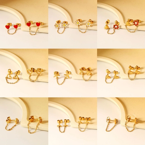 Orecchini a Catena Doppio Buco in Acciaio Inossidabile Cuore Farfalla Margherita Fiore Stella Aereo Gioielli Minimalisti Donna