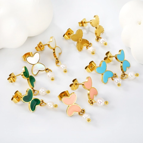 Butterfly Artificial Pearl Stud Earrings With Stainless Steel Earring Post 18K Gold Plated Enamel Dangle Elegant Jewelry For Women