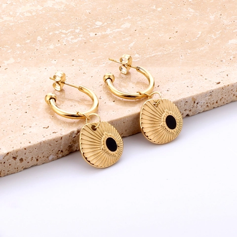 Stainless Steel Sunburst Pendant Drop Earrings For Women C Shaped Gold Plated Geometric Retro Bohemian Style