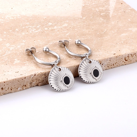 Stainless Steel Sunburst Pendant Drop Earrings For Women C Shaped Gold Plated Geometric Retro Bohemian Style