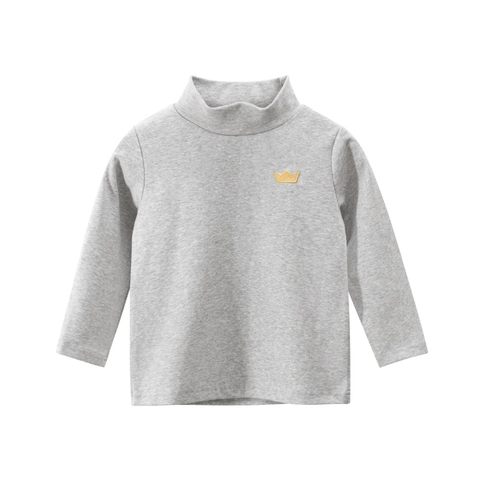 Kids Cotton High Neck Long Sleeve T-Shirt With Crown Embroidery Boys Girls Casual Soft Base Layer Autumn Winter Top