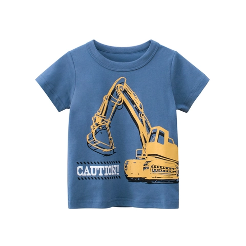 Jungen Kurzarm T-Shirt Baumwolle Mit Baggerdruck Und Caution Text Rundhalsausschnitt Lässiges Sommer Top