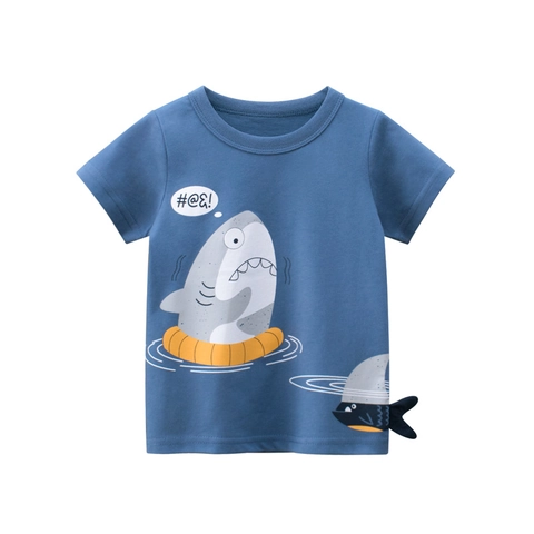 Kids Cartoon Shark Cotton Short Sleeve T-Shirt With 3D Fin Detail Summer Navy Blue Crew Neck Casual Top For Boys Girls