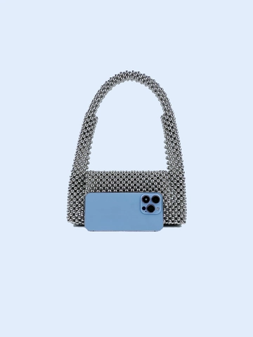 Handmade Beaded Handbag Silver Metallic Shiny Acrylic Baguette Bag Evening Party Trendy Street Style For Women