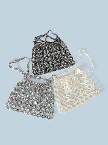 Borsa a Tracolla da Donna Intrecciata con Paillettes e Perline Fatta a Mano Retrò con Tasca Interna Borsa da Sera