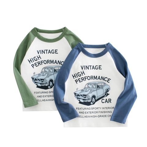 Boys Long Sleeve Cotton T Shirt Raglan Sleeves Vintage Car Print Casual Round Neck Autumn Base Layer Soft