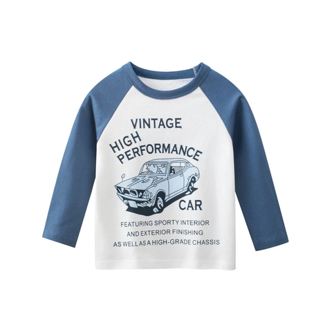 Boys Long Sleeve Cotton T Shirt Raglan Sleeves Vintage Car Print Casual Round Neck Autumn Base Layer Soft