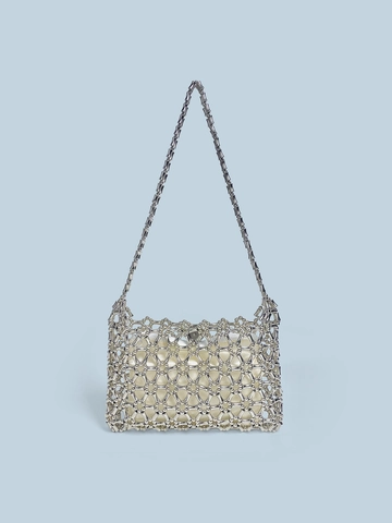 Handmade Woven Beaded Shoulder Bag For Women Silver Metallic Acrylic Hollow Out Underarm Bag Mini Party Evening Purse